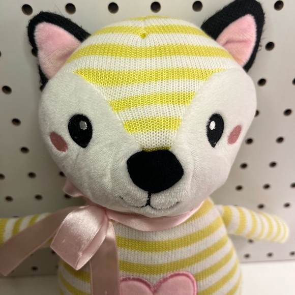 Parkway Striped Yellow and White Knit Fox Plush Stuffed Toy Pink Heart Bow 15" - Picture 4 of 16
